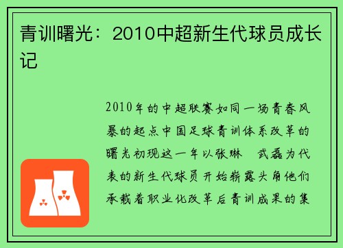 青训曙光：2010中超新生代球员成长记