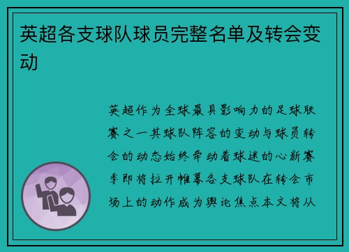英超各支球队球员完整名单及转会变动